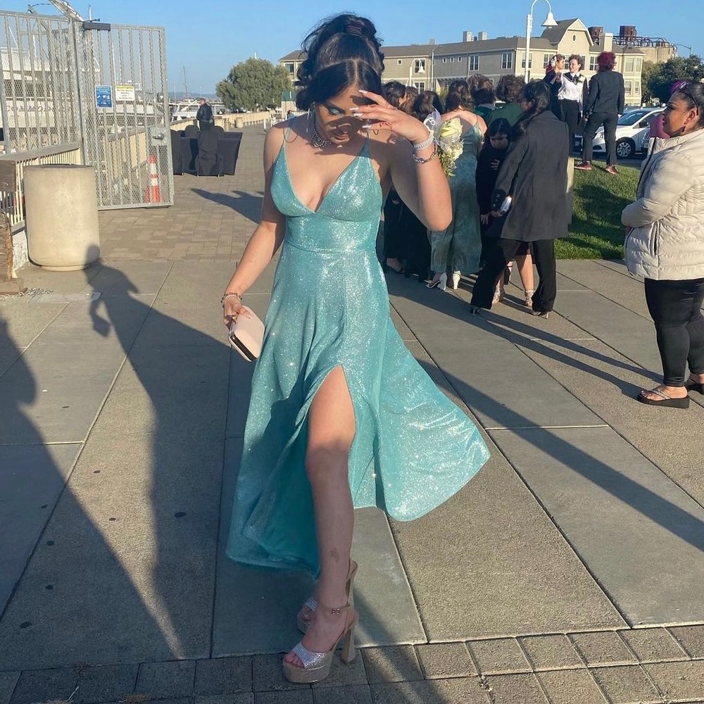 light blue sparkly prom dress